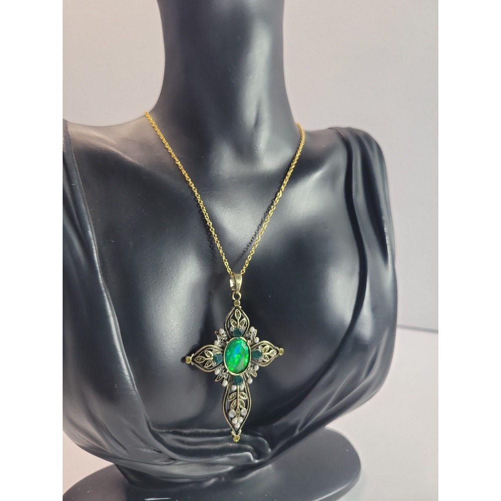 Gold Tone Cross Pendant Necklace Green Blue Cabochon Ornate Religious Jewelry